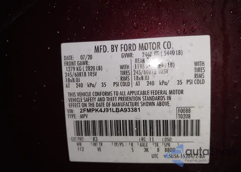 2020 Ford Edge Sel z USA, uszkodzony, nr VIN 2FMPK4J91LBA93381